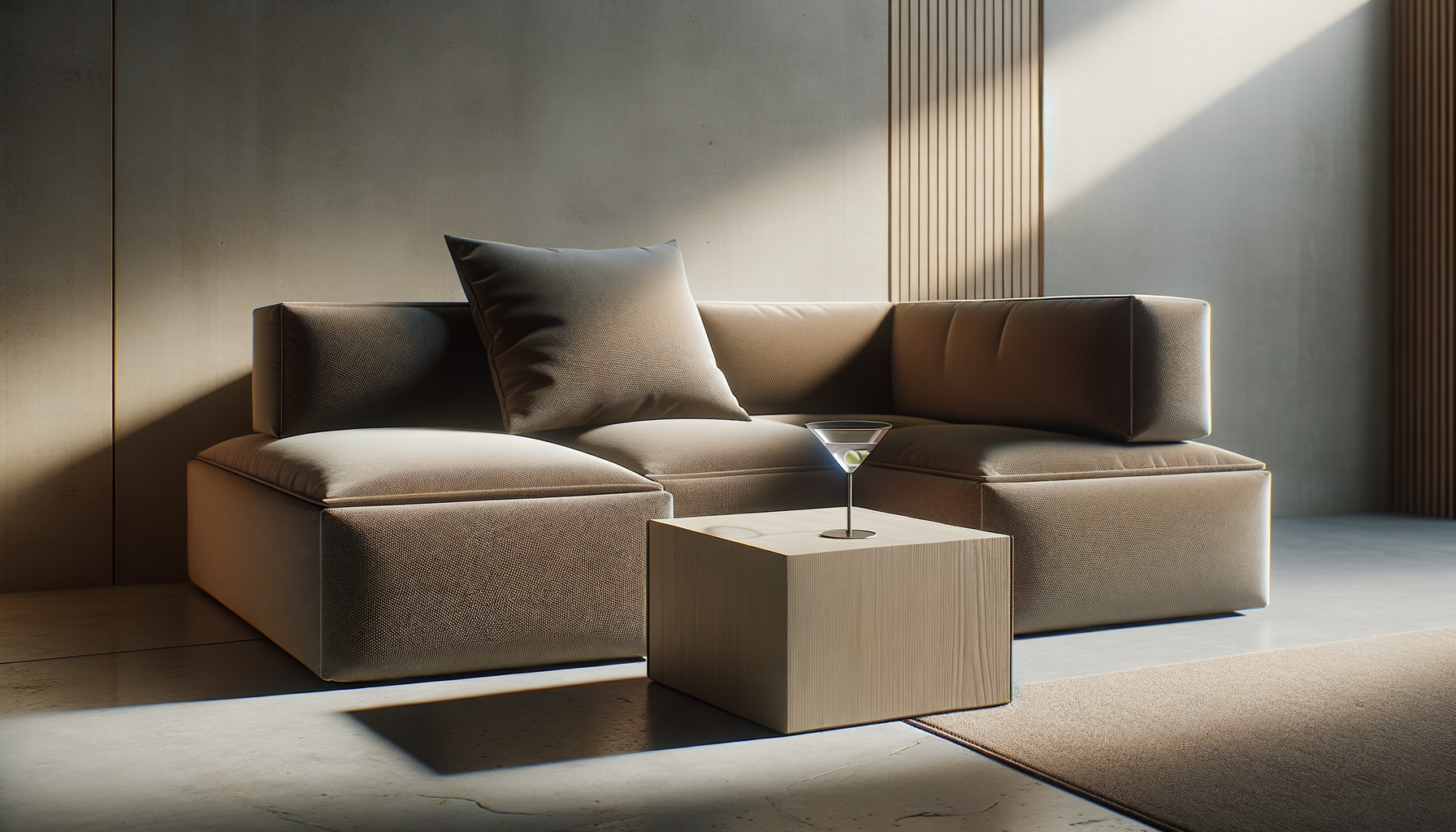 Modern beige sectional sofa with dark throw pillows, a small square wooden side table, and a martini glass with an olive on top, set in a room with natural light and wooden wall accents.