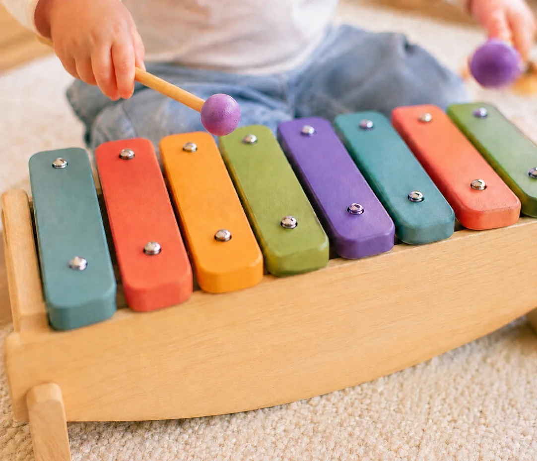 Child playing on a colorful wooden xylophone with rainbow-colored bars, sitting on a beige carpet.