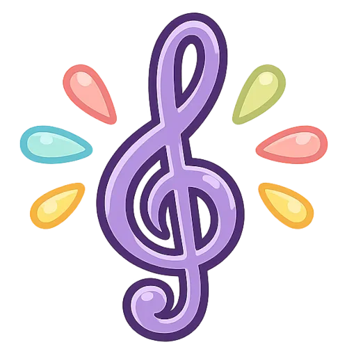 A purple treble clef surrounded by colorful teardrop-shaped decorations in pink, green, blue, and orange.