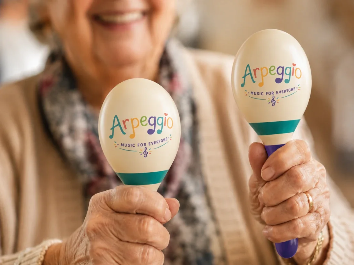 An elderly woman smiling and holding two maracas with "Arpeggio" and "Music for Everyone" printed on them.