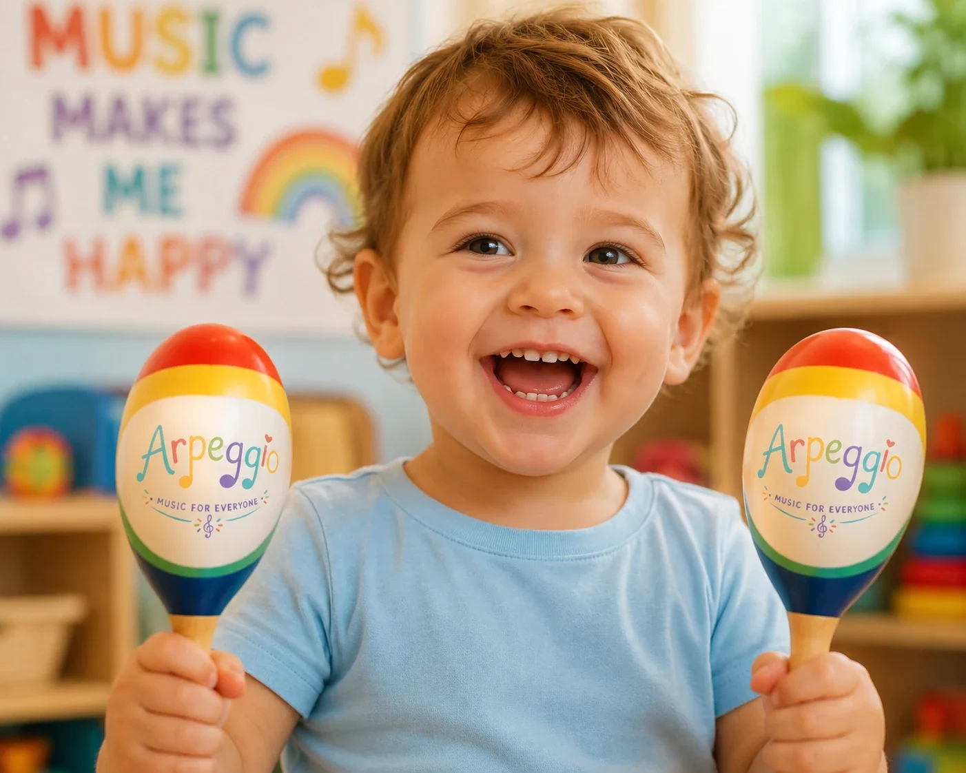 A young boy with curly brown hair and a big smile holding two maracas labeled 'Arpeggio - Music for Everyone'.