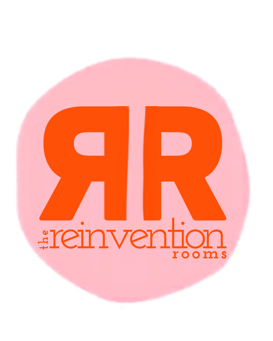 Logo for The Reinvention Rooms, featuring large orange 'RR' letters and the words 'the reinvention rooms' in smaller orange and red text on a pink circular background.