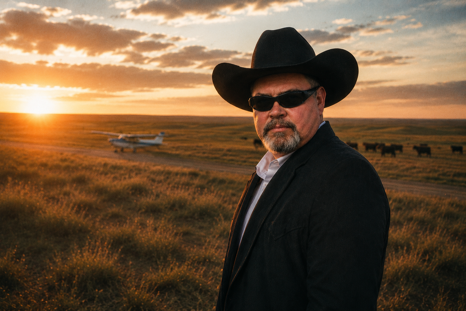A man dressed as a cowboy with a black hat, sunglasses, and a suit standing outdoors during sunset, with an airplane and cows in the background.