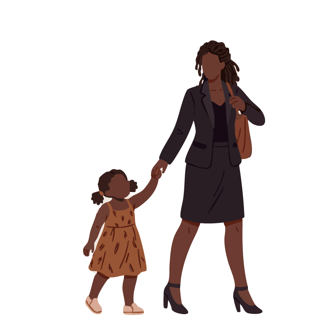 An illustrated woman and young girl walking hand in hand. The woman has shoulder-length hair and is dressed in a black blazer and skirt, carrying a brown bag. The girl is wearing a brown dress and holding a phone in her left hand.