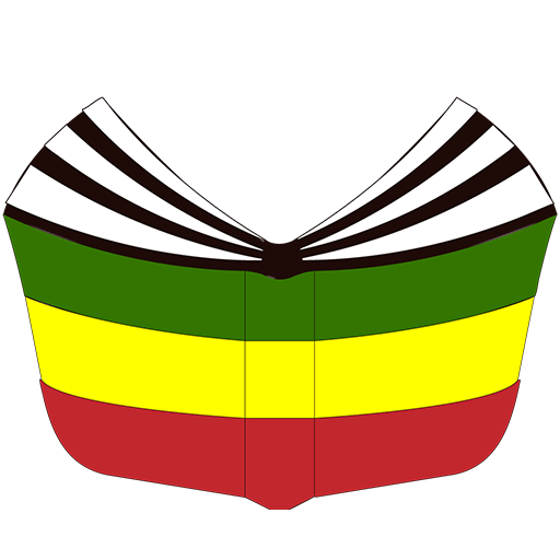 A graphic illustration of a skirt with horizontal stripes in black, green, yellow, and red, resembling the colors of the Rastafarian flag.
