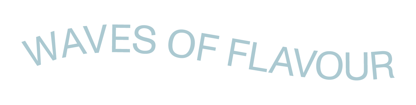 Text saying 'WAVES OF FLAVOUR' in arched, light blue font.