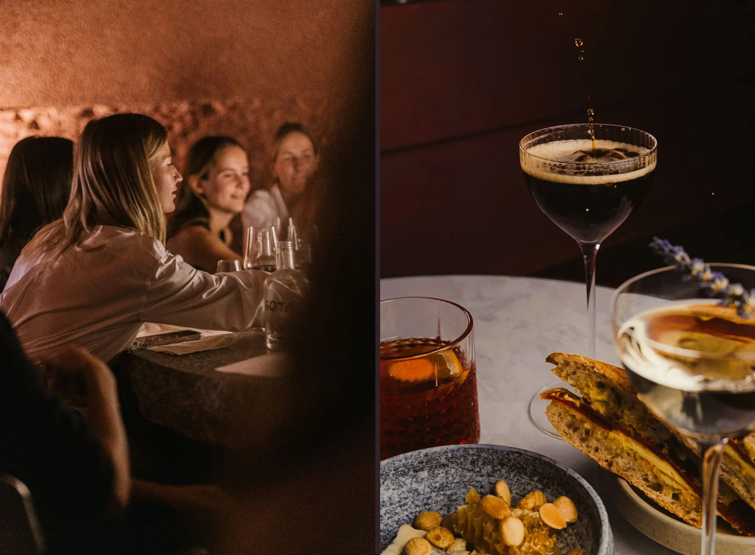 Left side: A group of women sitting at a dimly lit bar or restaurant, engaged in conversation. Right side: A close-up of a cocktail glass with an espresso martini, droplets of liquid falling into it.