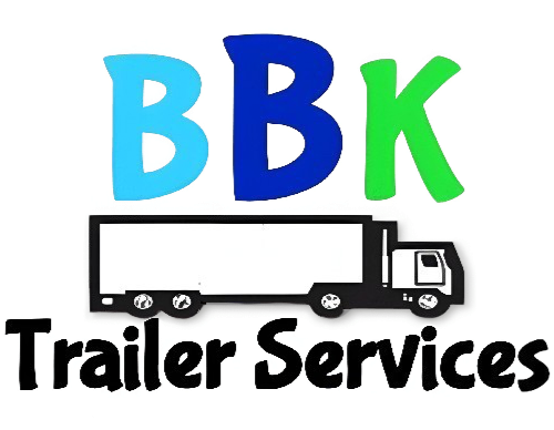 Logo for BBK Trailer Services with stylized blue, dark blue, and green letters and a black truck illustration.