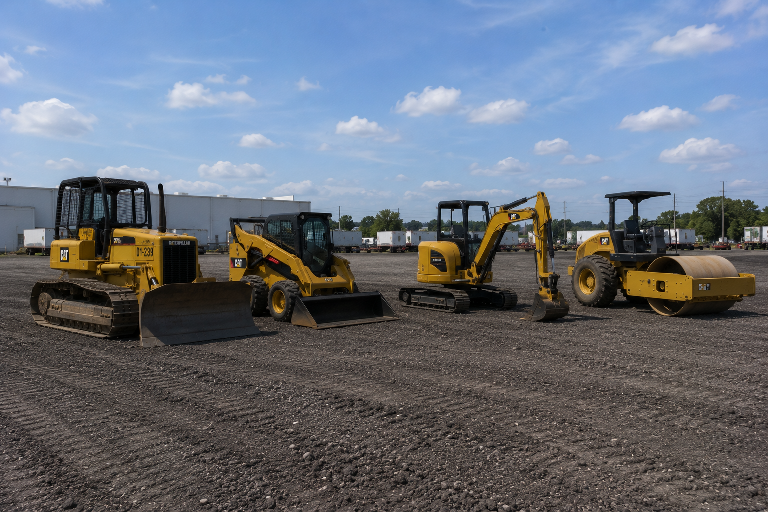 Four pieces of construction equipment, including a bulldozer, skid steer loader, mini excavator, and road roller, are lined up on a dirt lot with a warehouse and trailers in the background under a partly cloudy sky.