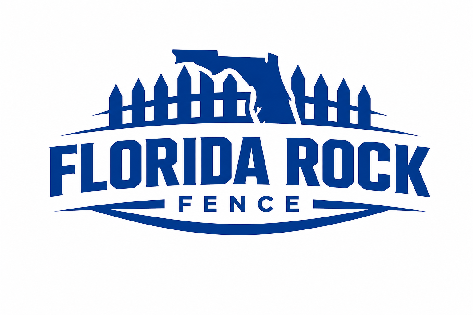 Logo for Florida Rock Fence featuring an outline of the state of Florida, a wooden picket fence, and the text 'Florida Rock Fence'.