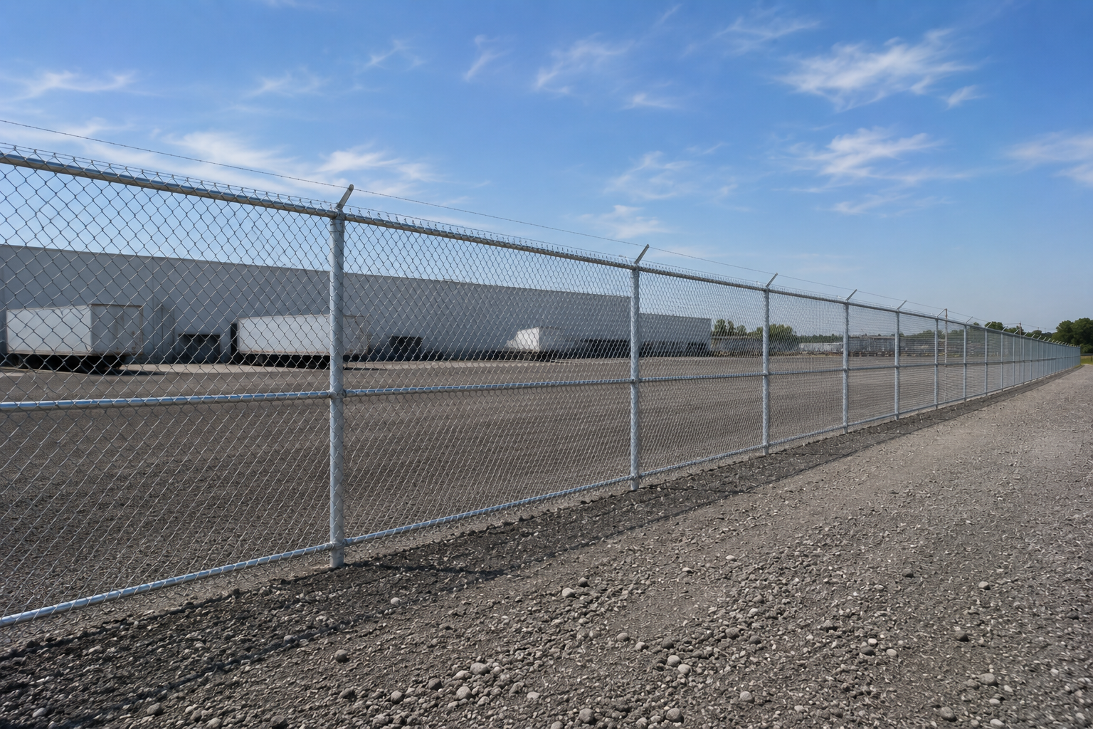 Chain-link fence surrounding a large industrial or storage facility with multiple white trucks parked inside, under a blue sky with some clouds.