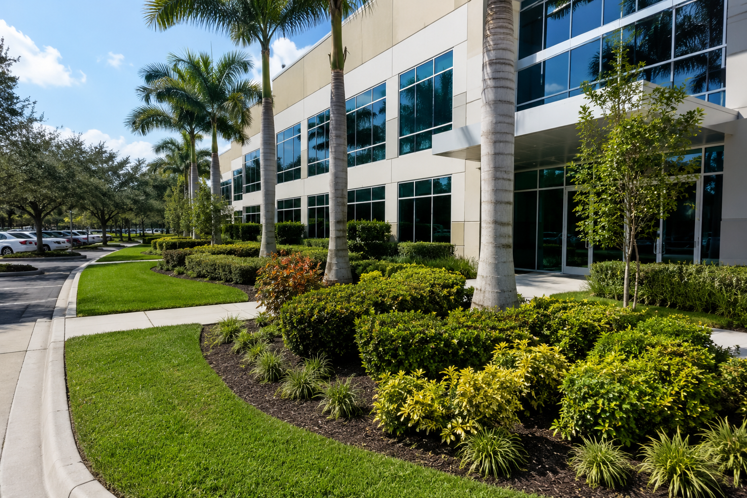 Modern office building with large glass windows, surrounded by palm trees, bushes, and a well-maintained parking lot with cars parked along the street.