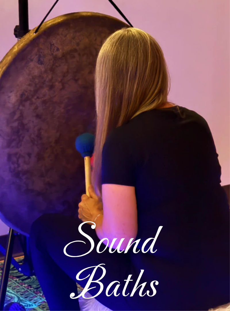 A woman with blonde hair holding a mallet, sitting in front of a large gong on a pink background, with the text "Sound Baths" at the bottom.