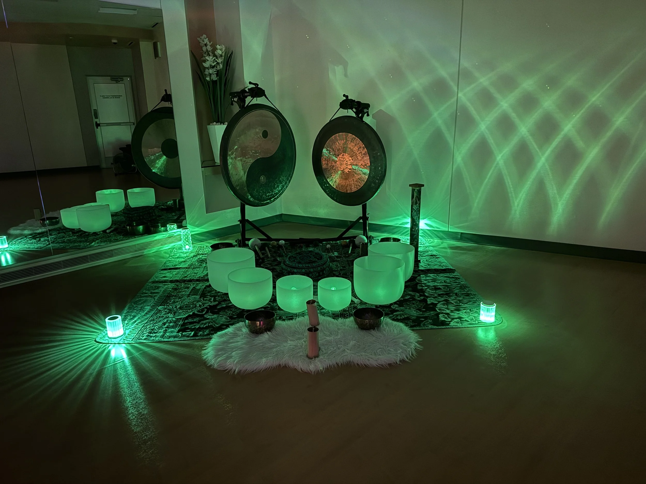 Sound bath with 2 large gongs, crystal and Himalayan bowls, chimes and a rain stick