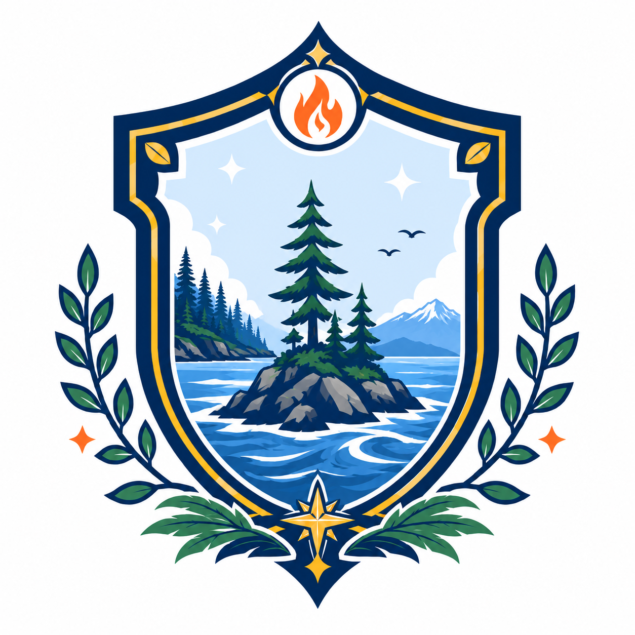 Illustration of a badge with a nature scene featuring pine trees, a rocky island in water, a mountain in the background, and a mostly clear sky with stars and birds. The badge has decorative green leaves, a flame icon at the top, and a star at the bottom.
