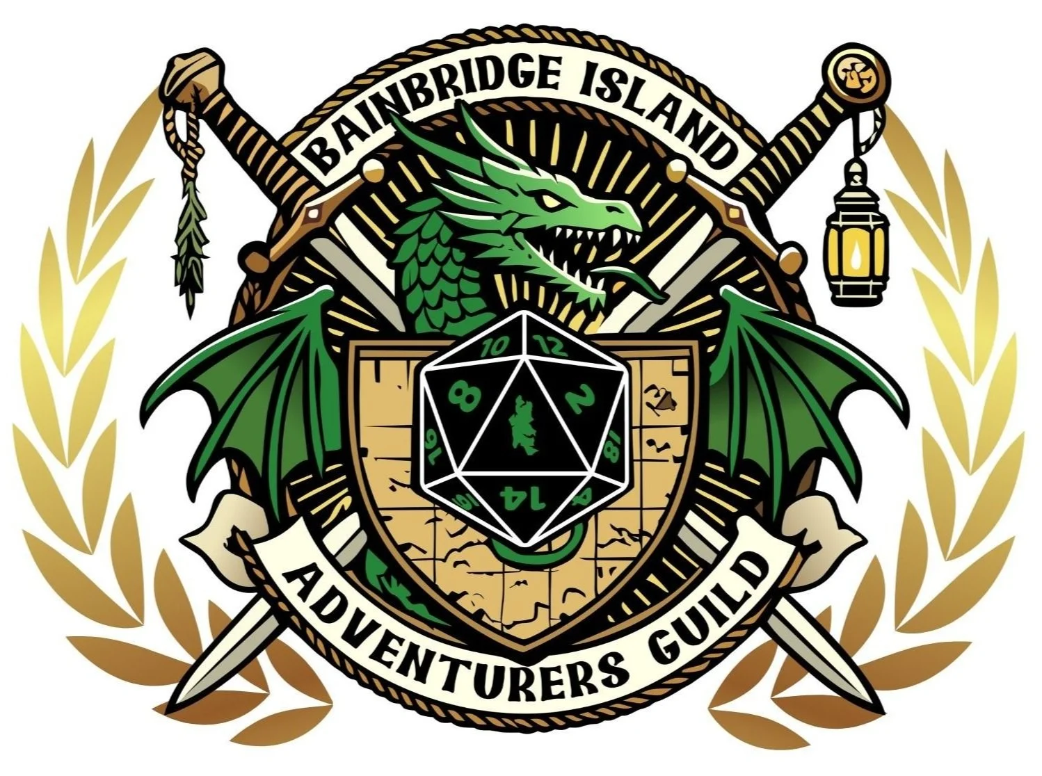 A badge with a green dragon and a 20-sided die, with the words "Bainbridge Island Adventures Guild" and a banner around it.