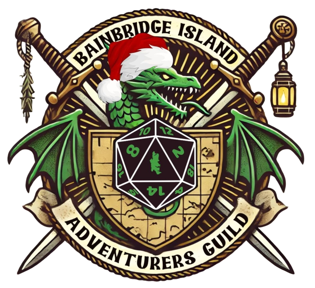 A crest of the Adventurers Guild featuring a green dragon wearing a Santa hat, a 20-sided die, swords, a lantern, and the text 'Bainbridge Island Adventurers Guild'.