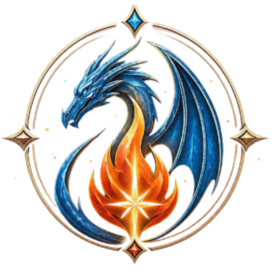 Illustration of a blue and fiery orange dragon intertwined with a circular border, featuring a star at the top and bottom points.