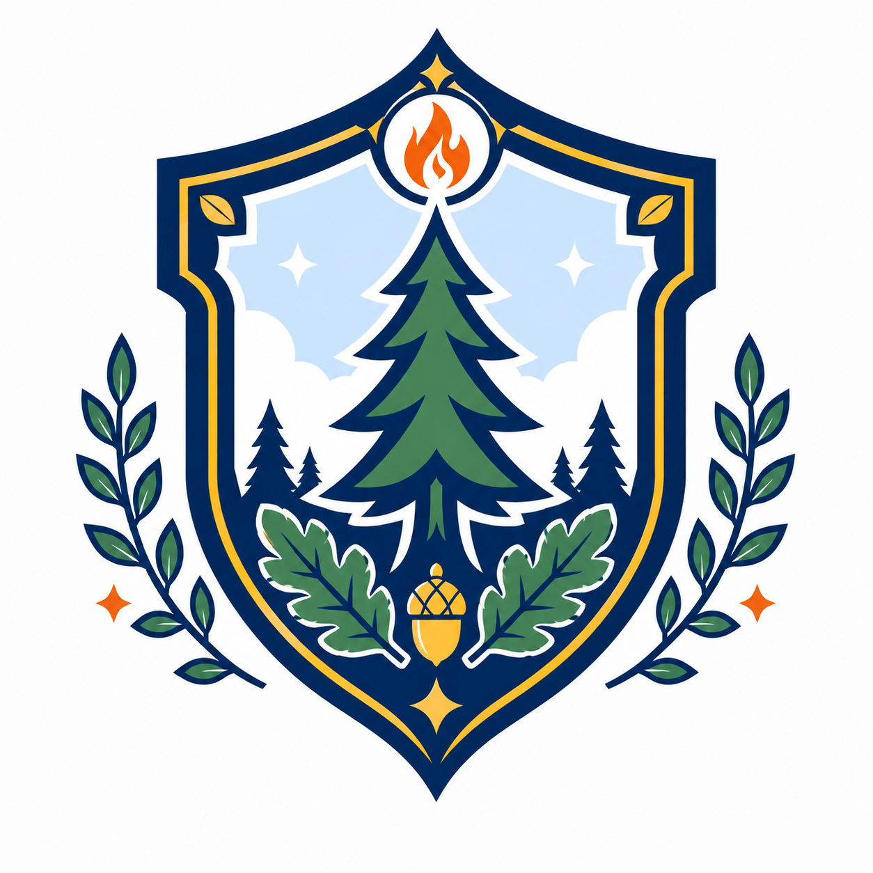 Design featuring a tall evergreen tree in the center of a crest, flanked by laurel branches, with a fire symbol at the top and an acorn at the bottom, all enclosed within a shield-shaped border.