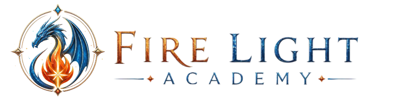 Logo for Firelight Academy featuring a blue dragon and a flame within a circular emblem, with colorful, stylized text.