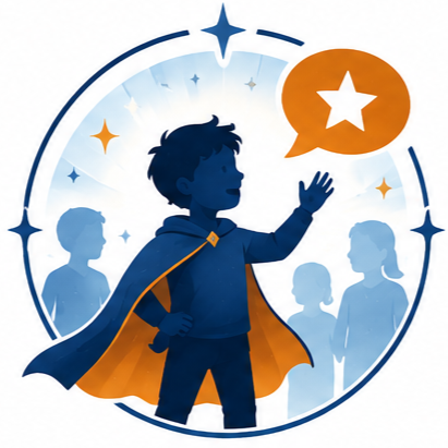 Silhouette of a young boy dressed as a superhero with a cape, raising his hand as a speech bubble with a star inside. Other children in the background are depicted in a blue silhouette style, against a circular background with star accents.