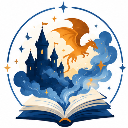 A magical scene with a castle, a flying dragon, and open book in a circular design surrounded by stars.