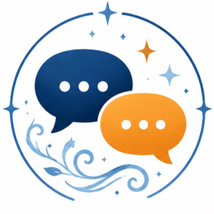 Two speech bubbles, one blue and one orange, surrounded by stars and decorative swirls.