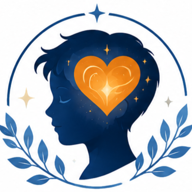 Silhouette of a person's head with a heart-shaped glow in the brain area, surrounded by leaves and star accents, in dark and gold colors.