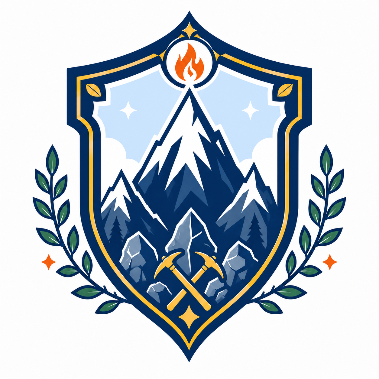 A shield-shaped emblem featuring a mountain with snow-capped peaks, crossed pickaxes at the bottom, a flame at the top, and laurel branches on each side, representing adventure and exploration.