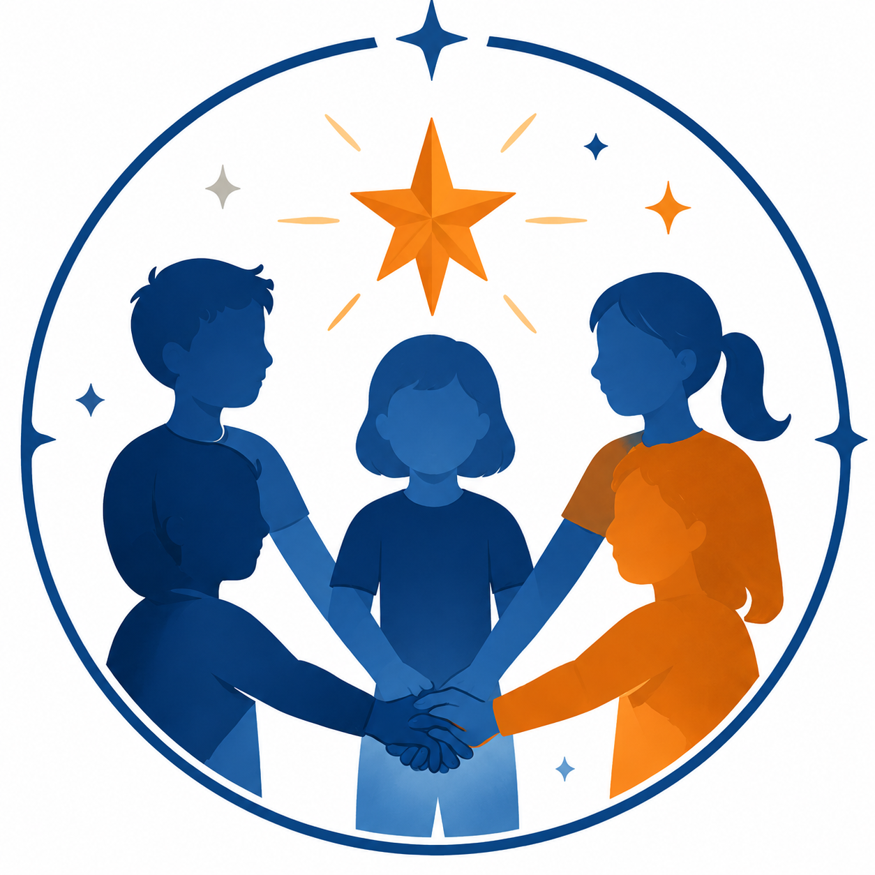 Children of diverse backgrounds holding hands in a circle with a star in the center, surrounded by smaller stars.