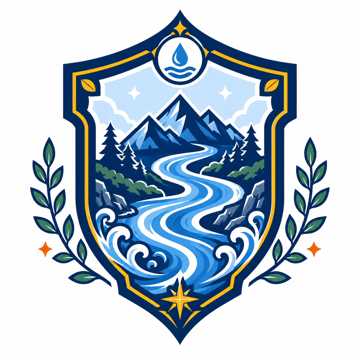 Emblem featuring a mountain landscape with a river, pine trees, stars, and a water droplet symbol at the top, framed by laurels and decorative elements.