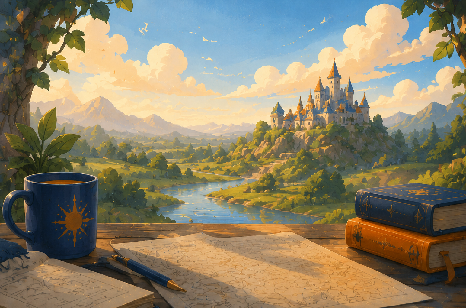 A scenic view of a castle on a hilltop overlooking a river in a lush green valley, seen from a wooden table with a map, a pen, a mug, and two books, with mountains and cloudy sky in the background.