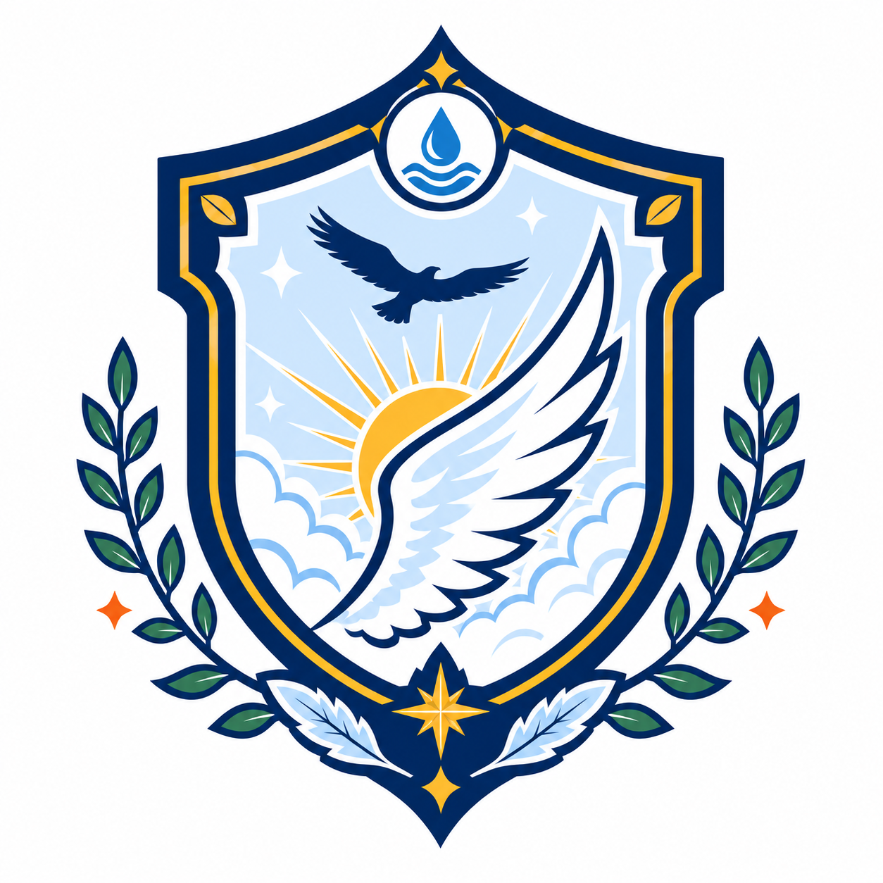 A shield-shaped emblem with a dove, a sun, a water droplet, stars, and olive branches in blue, yellow, green, and white colors.