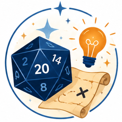 A blue 20-sided dice, a glowing lightbulb, and a rolled map with an 'X' marking a spot, all surrounded by stars.