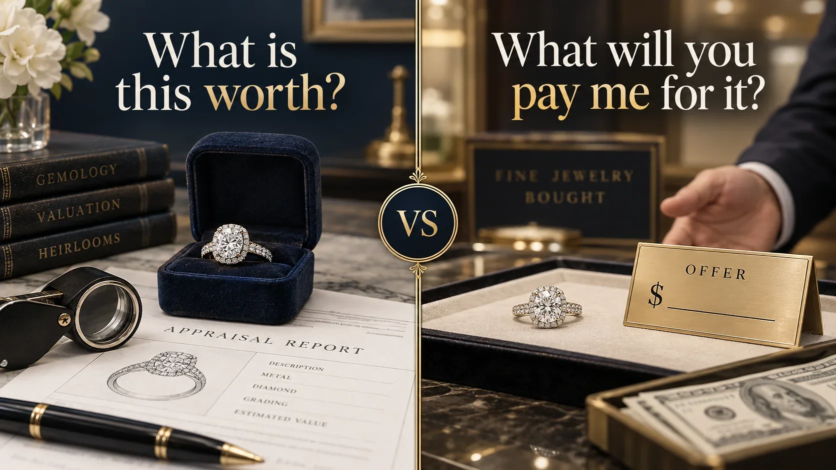 Split image showing a diamond ring on the left in a jewelry box with a flashlight, appraisal report, and books titled 'Gemology,' 'Valuation,' and 'Heirlooms.' On the right, a person offers a diamond ring at a price with cash in the background.