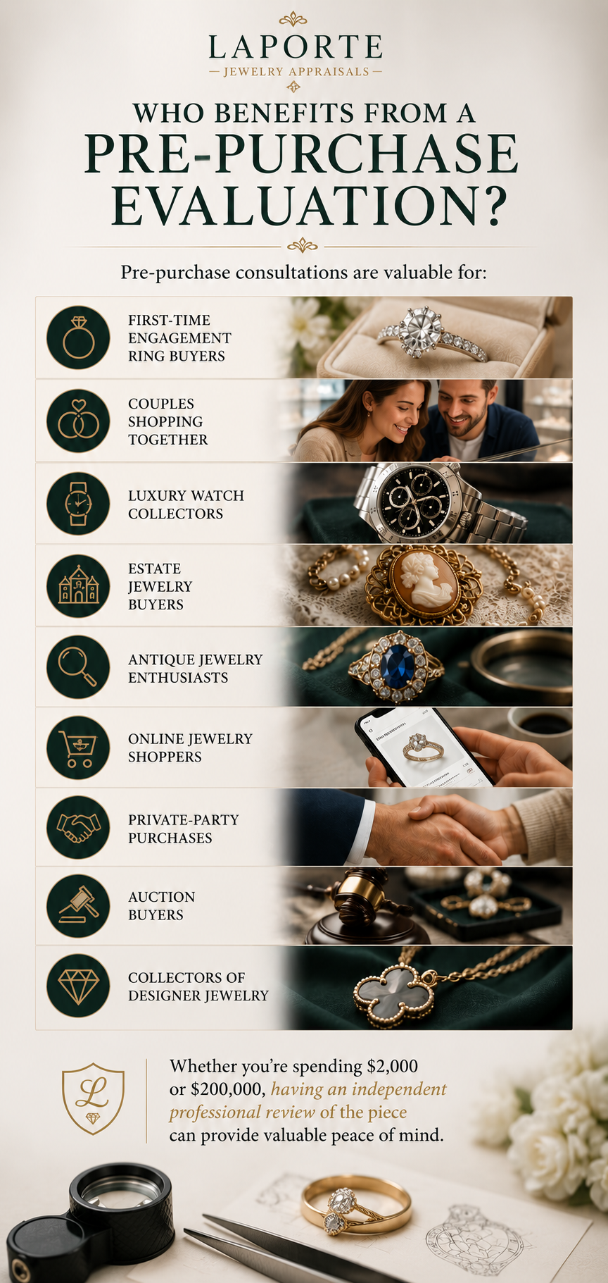 An informational poster detailing who benefits from a jewelry pre-purchase evaluation at LaPorte Jewelry Appraisals. It shows images of an engagement ring, a couple shopping, a luxury watch, estate jewelry, antique jewelry, online jewelry shopping, private-party purchase handshake, auction gavel, and designer jewelry. The text explains the benefits for first-time engagement ring buyers, couples, collectors, estate buyers, antique enthusiasts, online shoppers, private buyers, auction bidders, and designer jewelry collectors, emphasizing the value of an independent professional review regardless of purchase amount.