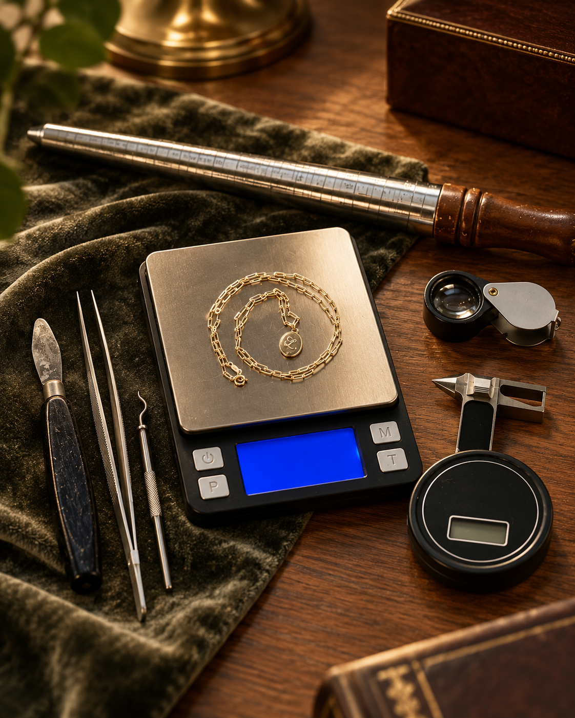 Professional jewelry appraisal tools, including a digital scale, ring mandrel, loupe, tweezers, gemstone gauge, and gold necklace used to evaluate inherited jewelry.