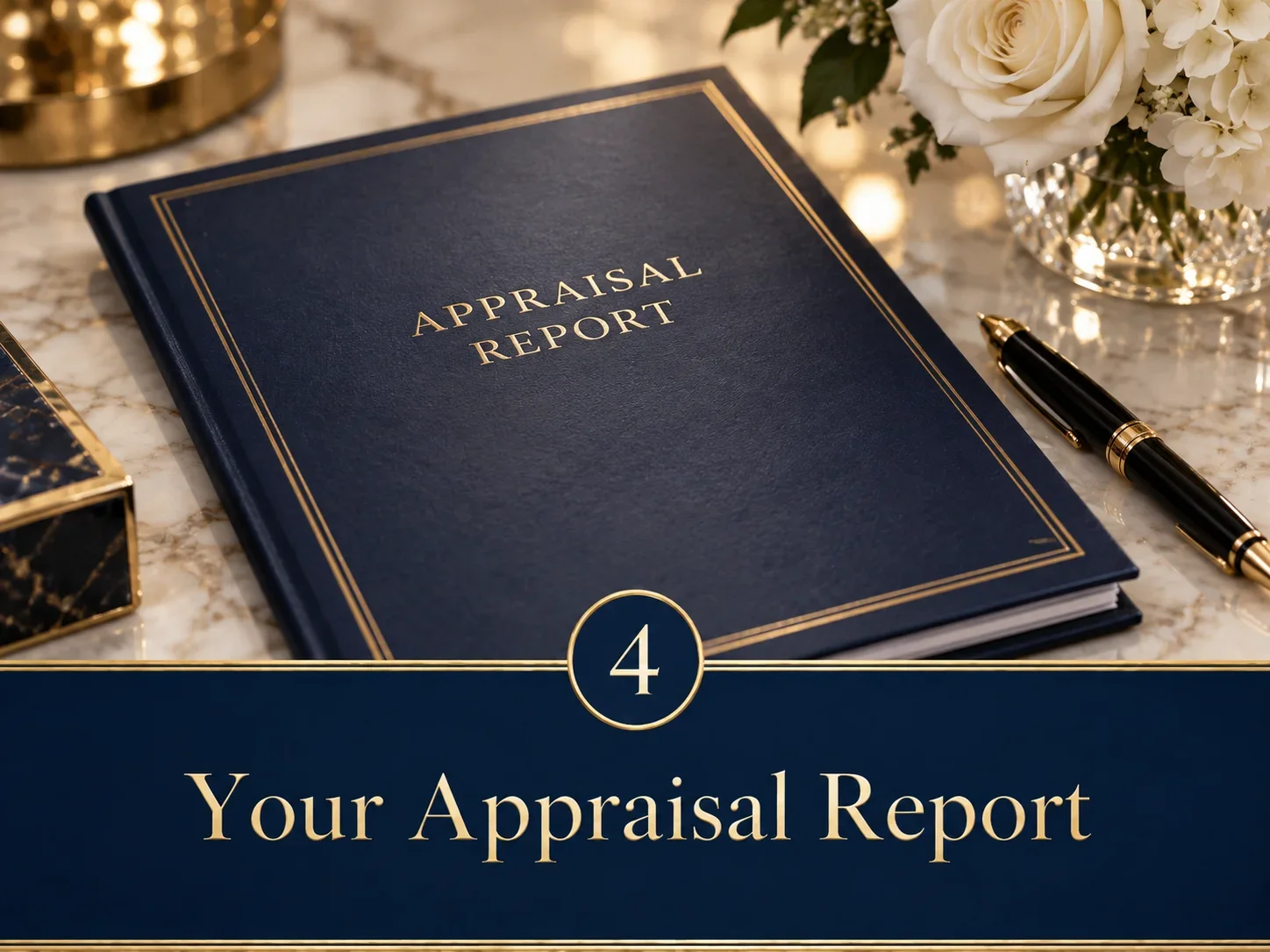 A blue hardcover book titled 'Appraisal Report' placed on a marble surface, alongside a black and gold pen and a floral arrangement with white roses in a crystal vase.