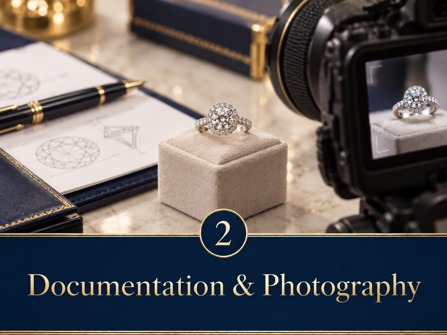 A diamond ring displayed on a beige jewelry cushion, surrounded by photography equipment including a camera and documents with jewelry sketches, along with a pen and a blue and gold box in the background.