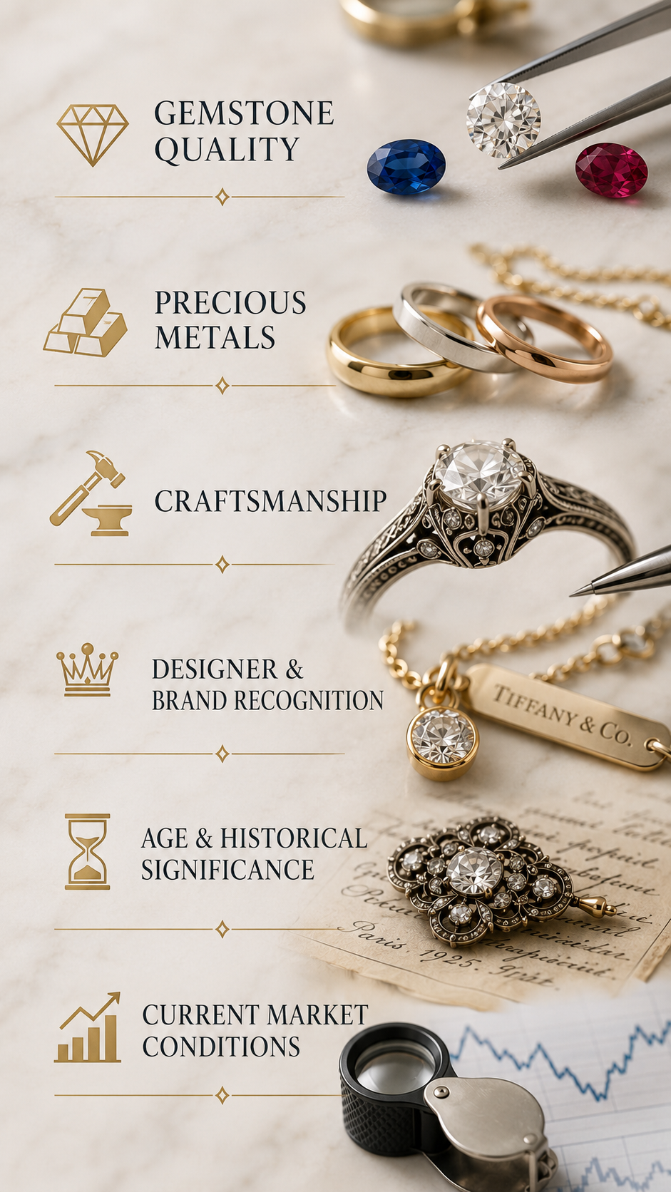 Text and jewelry items including gemstones, rings, a necklace, and vintage jewelry with icons and labels about gemstone quality, precious metals, craftsmanship, designer recognition, age and significance, and market conditions.