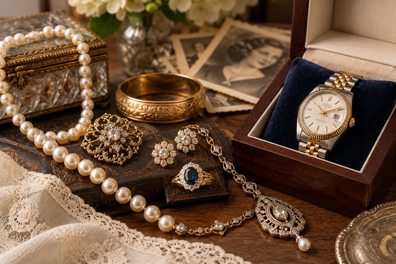 A collection of vintage jewelry, including pearl necklaces, rings, earrings, and brooches, alongside a two-tone wristwatch in a jewelry box, with old black and white photographs in the background.