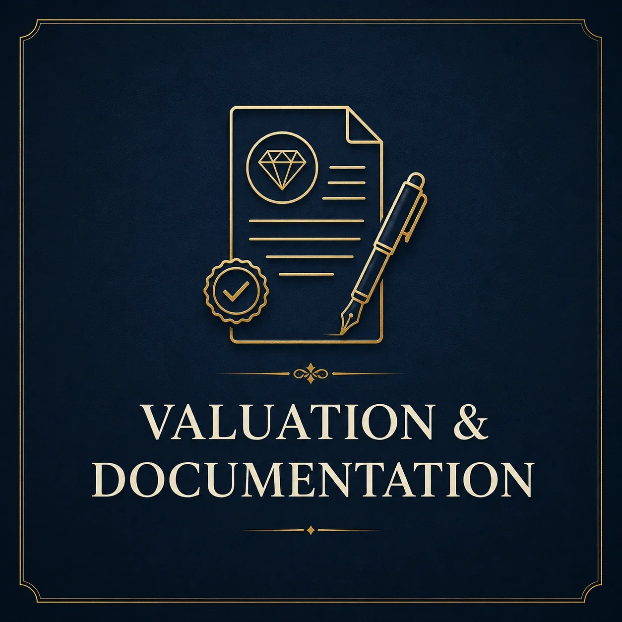 Valuation and documentation card with gold appraisal document and pen icon on a navy blue background