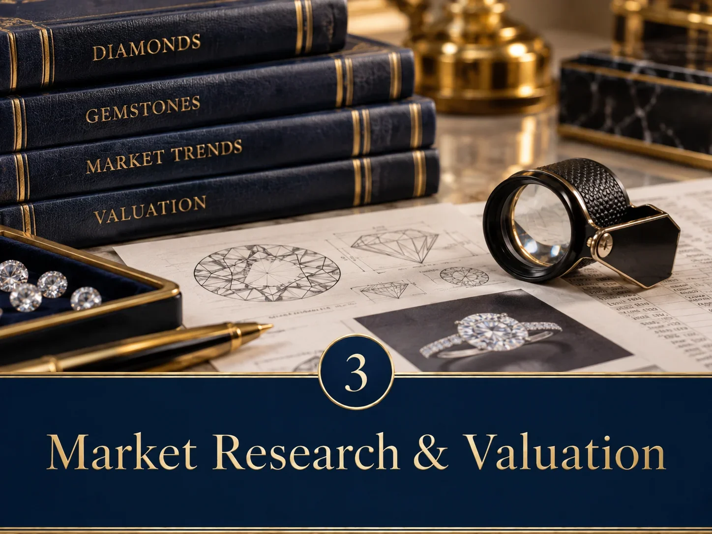 Gemological reference materials, valuation resources, a loupe, and diamond research imagery representing the market research used to determine an appropriate opinion of value for inherited jewelry.