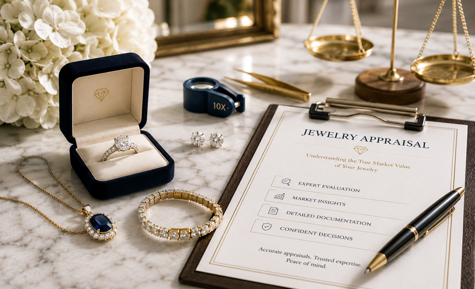 Jewelry appraisal workspace with a jewelry box containing rings, gold and diamond necklaces, a pair of diamond earrings, a gold and diamond bracelet, a magnifying glass, a pen, and a scale on a marble surface, with a bouquet of white flowers in the background.