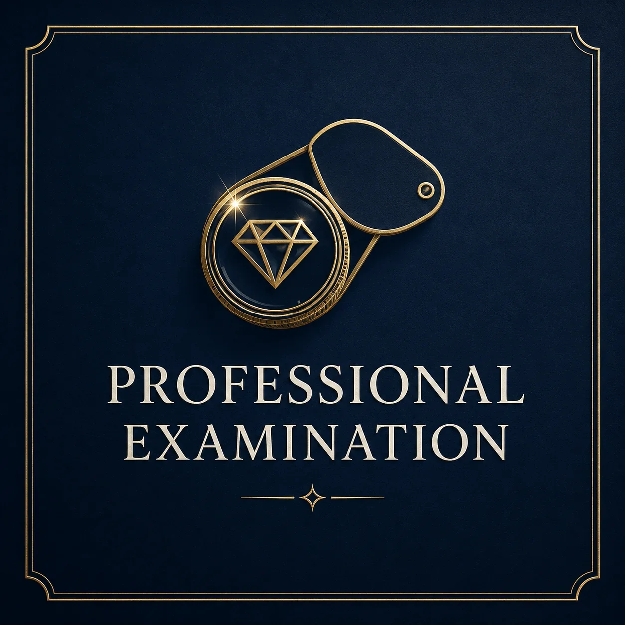 Professional examination card with gold gemology loupe icon on a navy blue background