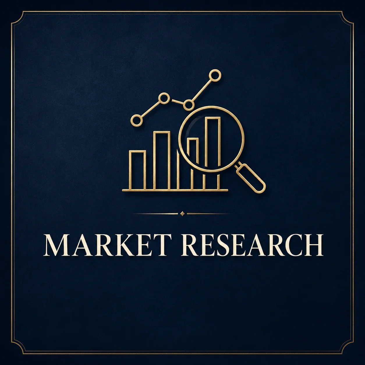 Market research card with gold chart and magnifying glass icon on a navy blue background