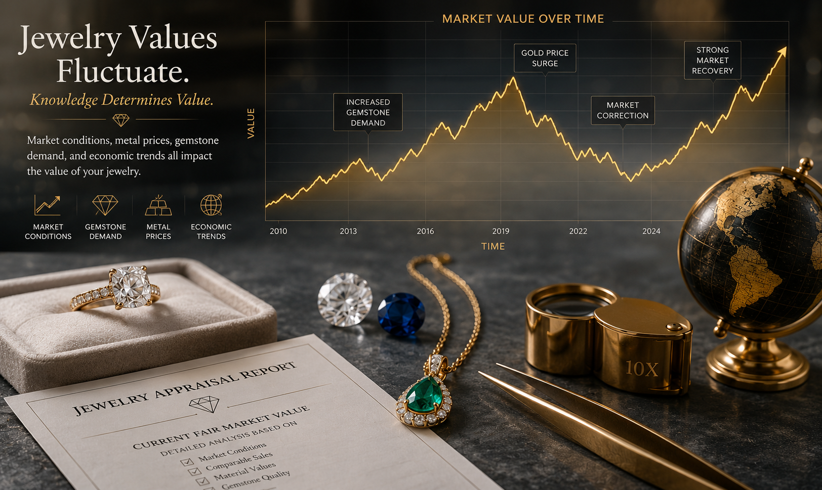A display of jewelry items including a diamond ring, earrings, a necklace with a green gemstone, and a gold bracelet, along with a jewelry appraisal report, a globe, and a gold watch, all set on a dark surface. A graph showing fluctuating jewelry market values over time is in the background.