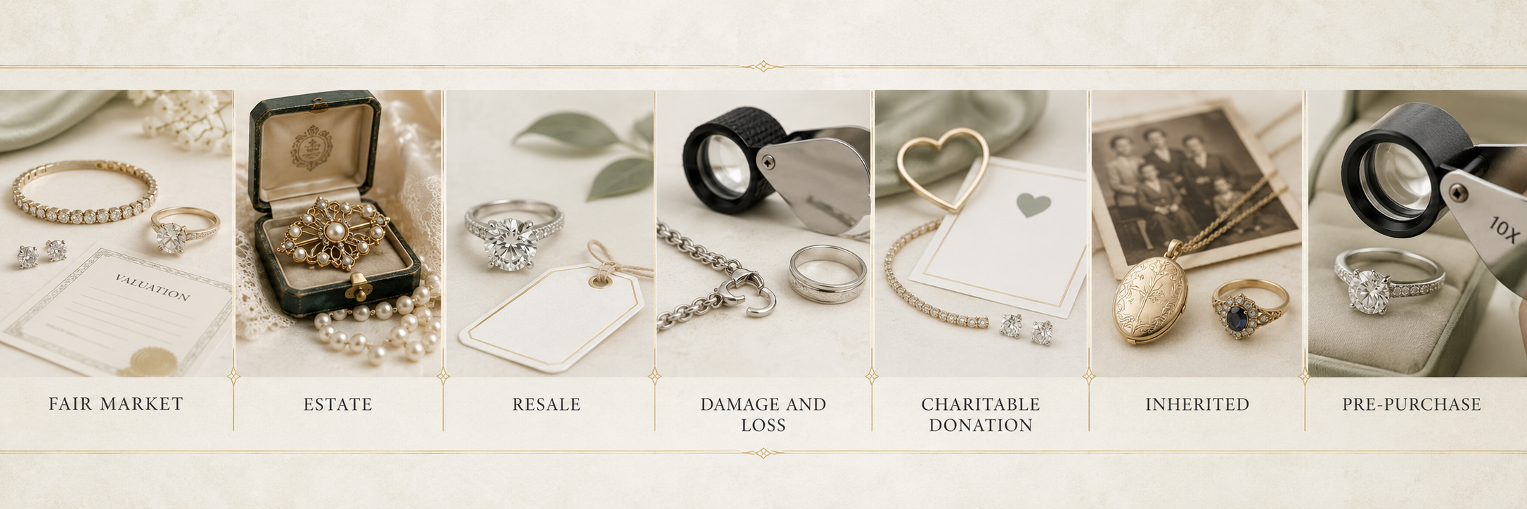 A collection of jewelry and personal items categorized into fair market, estate, resale, damage and loss, charitable donation, inherited, and pre-purchase