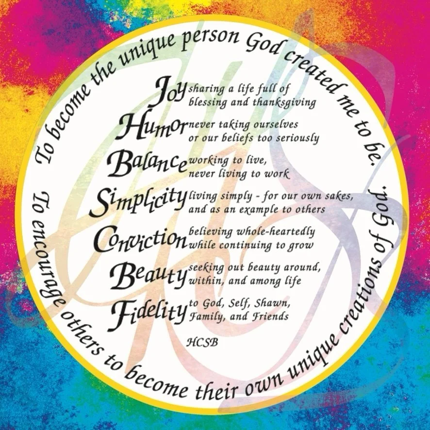 A circular graphic displaying Helen's personal values: Joy, Humor, Balance, Simplicity, Conviction, Beauty, and Fidelity
