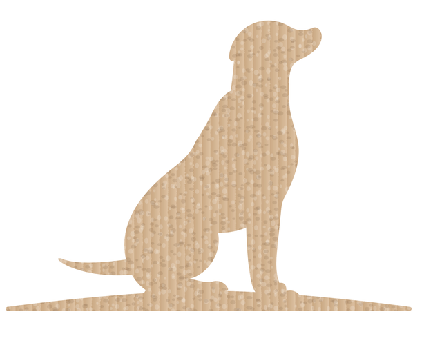 Silhouette of a sitting dog made of textured wood material.